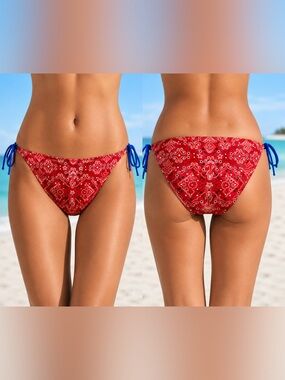 OP Red Bandana Print Bikini Bottom with Blue Side Ties